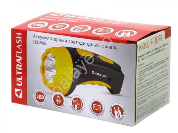 Фонарь аккум 220В, черный/желтый, 4 LED, SLA Ultraflash LED3804