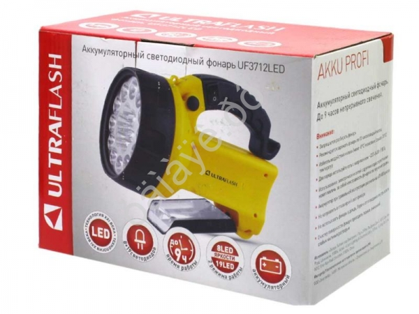 Фонарь аккум 220В/12В, желтый, 19 LED, 4В 2Ач Ultraflash UF3712LED