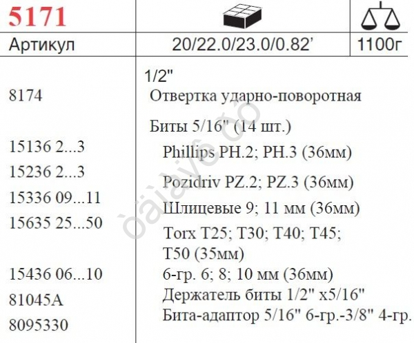 F5171 Набор ударная отвертка с насадками 17пред  /20