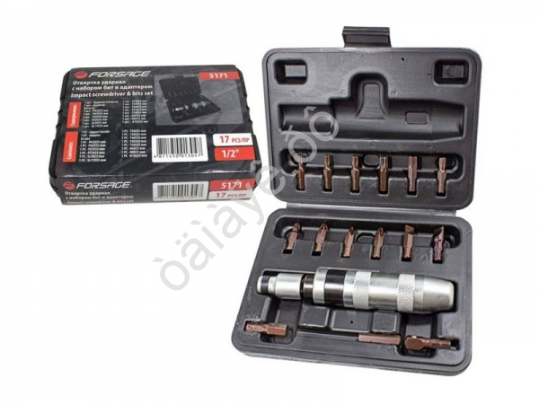 Отвертка ударная с набором бит и адаптерами,17пр.1/2"(F)х5/16"(F) 5/16"(М)x1/2"(М)(PH2,3;PZ2,3;SL9,1 Forsage