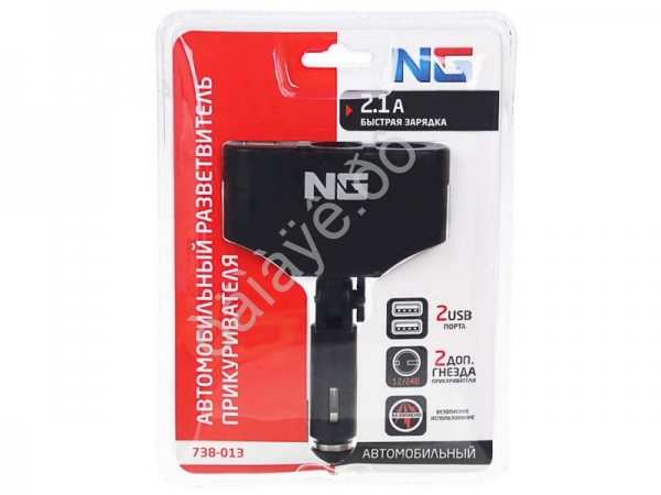 Разветвитель прикуривателя, 2 выхода +2 USB, 60 W, 2.1А, 12/24В,  пластик NG
