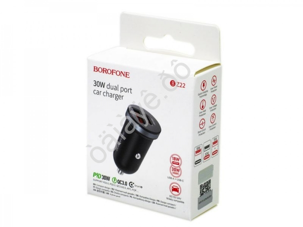 АЗУ в прикуриватель 1хUSB3.0 + 1 PD Type-C Quick Charger, черный BOROFONE BZ22 (98шт в уп) Borofone АЗУ в прикуриватель 1хUSB3.0 + 1 PD Type-C Quick Charger, черный BOROFONE BZ22 (98шт в уп) Borofone