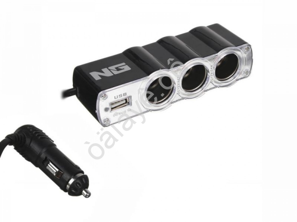 Разветвитель прикуривателя, 3 выхода +1 USB, 60 W, 2.1А, 12/24В,  пластик NG