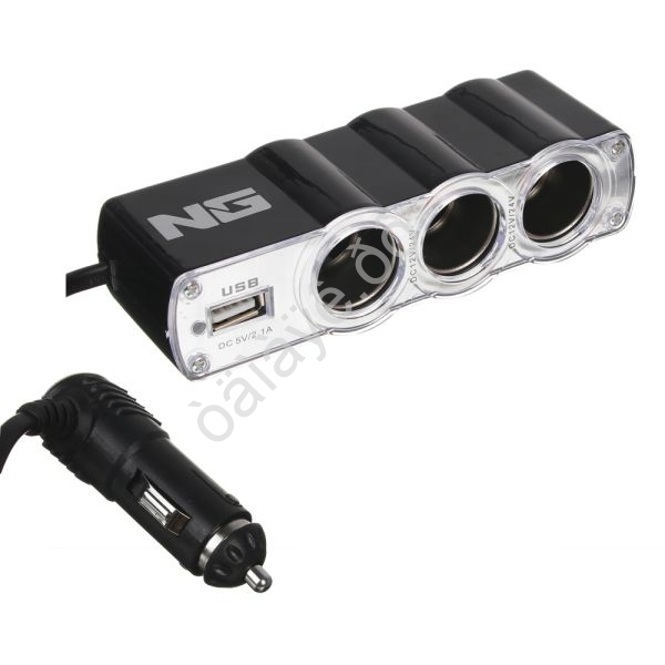 Разветвитель прикуривателя, 3 выхода +1 USB, 60 W, 2.1А, 12/24В,  пластик NG