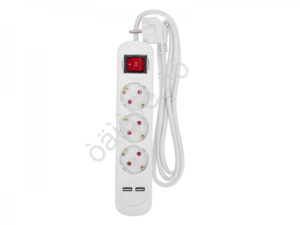 Удлинитель бытовой 3 гнезда, 1,5м, 3х1,0мм², с/з, с выключателем, 2 USB, белый REXANT
