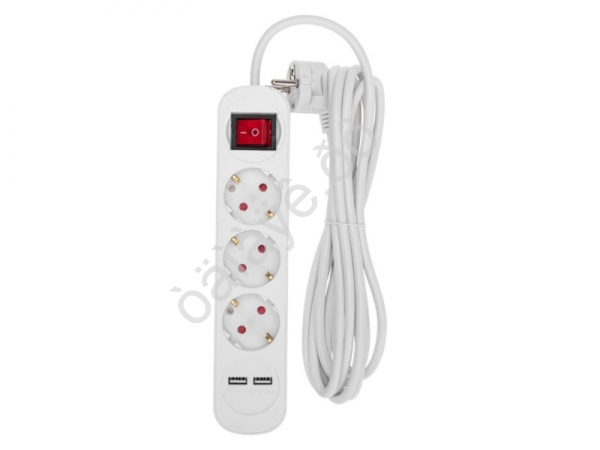 Удлинитель бытовой 3 гнезда, 3м, 3х1,0мм², с/з, с выключателем, 2 USB, белый REXANT
