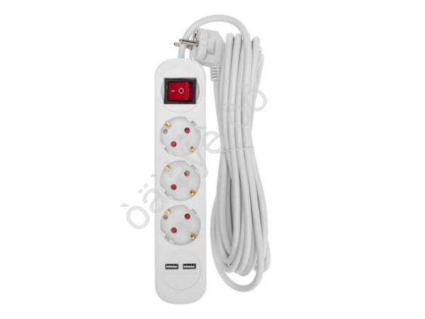 Удлинитель бытовой 3 гнезда, 5м, 3х1,0мм², с/з, с выключателем, 2 USB, белый REXANT