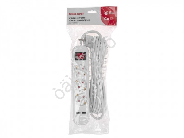 Удлинитель бытовой 3 гнезда, 5м, 3х1,0мм², с/з, с выключателем, 2 USB, белый REXANT