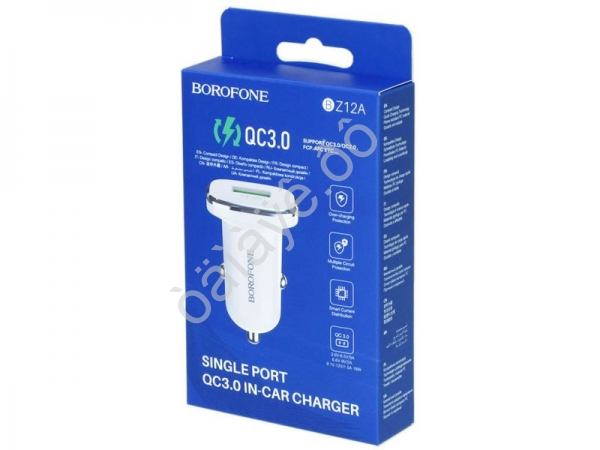 АЗУ в прикуриватель  1хUSB 3A Quick Charger 3.0, белый BOROFONE BZ12A (44шт в уп) Borofone
