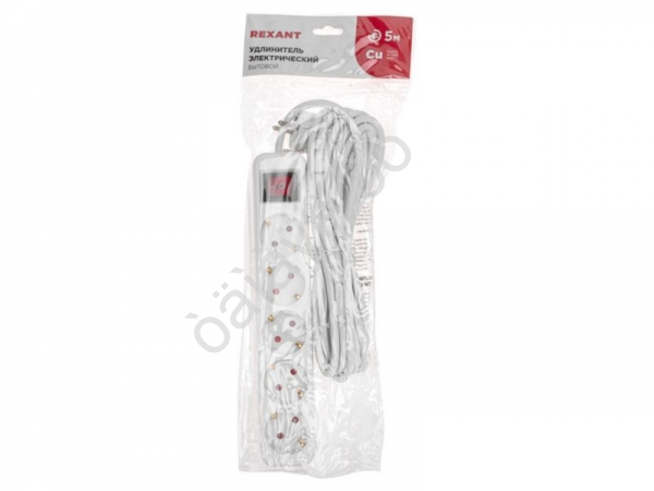 Удлинитель бытовой 5 гнезд, 5м, 3х1,0мм², с/з, с выключателем, белый REXANT