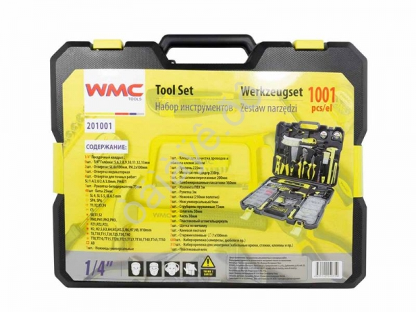 Набор инструментов 1001пр 1/4" 6гр (4-14мм)(шарнирно-губцевый, отвертки,биты,расходник,рулетка) WMC TOOLS