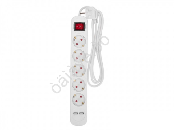 Удлинитель бытовой 5 гнезд, 1,5м, 3х1,0мм², с/з, с выключателем, 2 USB, белый REXANT