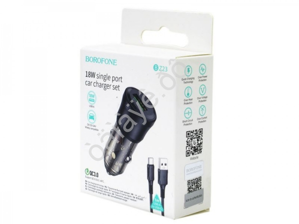 АЗУ в прикуриватель  1USB3.0 Quick Charger + кабель USB Type-C черный, прозрачный черный BOROFONE BZ23 /1/98