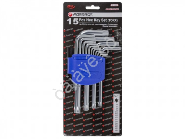 Ключи Г-обр. TORX, н-р 15пр. (Т6,T7,T8,T9,0,5,Т20, Т25,Т27,Т0,Т40,Т45,Т50,Т55,Т60) Forsage