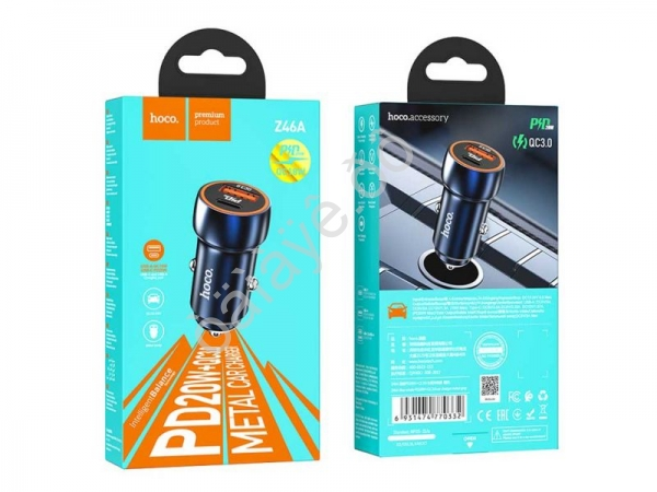 АЗУ в прикуриватель 1USB3.0 Quick Charger+1PD Type-C(20W), синий HOCO Z46A Hoco