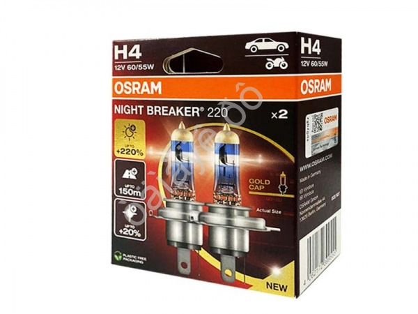Лампа Osram H4 12V60/55W +220% P43t NIGHT BREAKER 220 Лампа Osram H4 12V60/55W +220% P43t NIGHT BREAKER 220