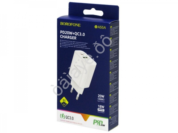 СЗУ 220В, 1USB 3.0 Quick Charger + 1PD Type-C(20W), белый BOROFONE BA55A (35 шт в уп) Borofone