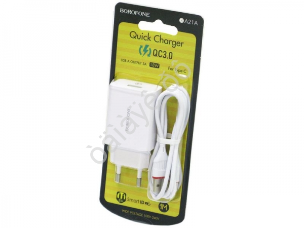 СЗУ 220В, 1USB 3.0 Quick Charger+кабель Type-C(BX17), белый BOROFONE BA21A (48шт в уп) Borofone