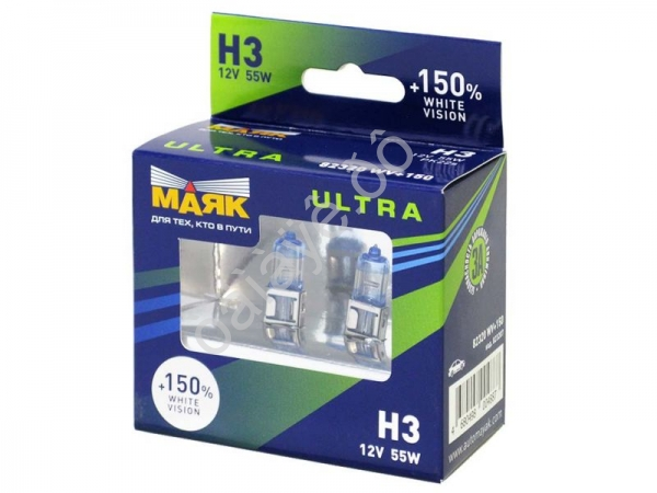 Лампа МАЯК ULTRA H3 12V 55W Pk22s WHITE VISION +150%