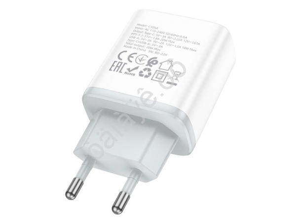 СЗУ 220В,  1хType-C (20W)+1USB3.0 Quick Charger, белый HOCO C105A (13шт в уп) Hoco