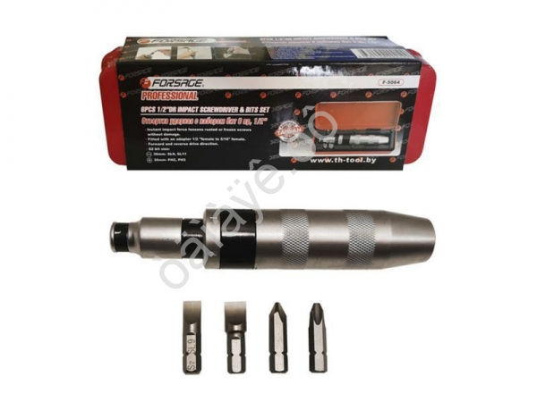 Отвертка ударная с набором бит и адаптером, 6пр (PH2,3х36мм; SL9,11х36мм) в метал. кейсе Forsage Отвертка ударная с набором бит и адаптером, 6пр (PH2,3х36мм; SL9,11х36мм) в метал. кейсе Forsage