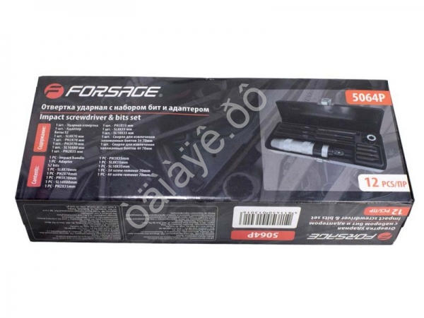 Отвертка ударная с набором бит и адаптером 12пр.1/2"(F)х5/16"(F)+экстракторы №3,4(PH2,3х35мм; PH2,3х Forsage