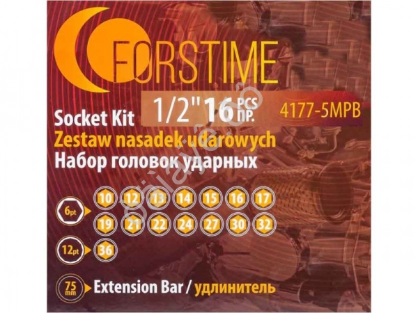Головки ударные, набор 16пр., 1/2" (10, 12-17, 19, 21, 22, 24, 27, 30, 32мм (6гр.), 36мм (12гр.) (FT-4177-5MPB)