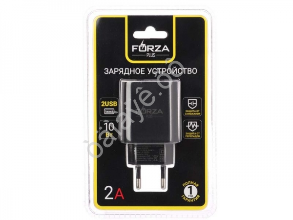 СЗУ 220В, Стандарт, 2xUSB, 10 Вт черный, FORZA