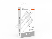 USB кабель 3в1 USB(A)-Type-C/microUSB/iP BY Base, 18W, 1,2 м, 3A, PVC, белый