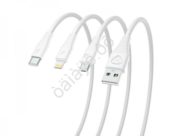 USB кабель 3в1 USB(A)-Type-C/microUSB/iP BY Base, 18W, 1,2 м, 3A, PVC, белый