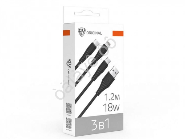 Дата-кабель 3в1 USB(A)-Type-C/microUSB/iP BY Base, 18W, 1,2 м, 3A, PVC, чёрный
