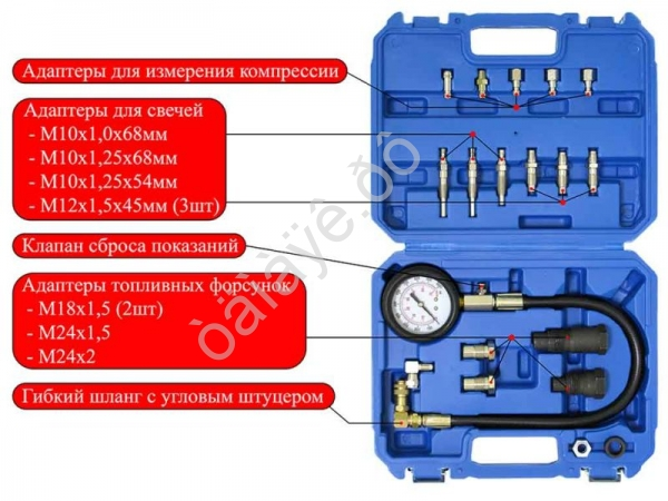 Компрессометр для дизельных двигателей, 19пр, в кейсе МАЯКАВТО™ /1/6_ Компрессометр для дизельных двигателей, 19пр, в кейсе МАЯКАВТО™ /1/6_